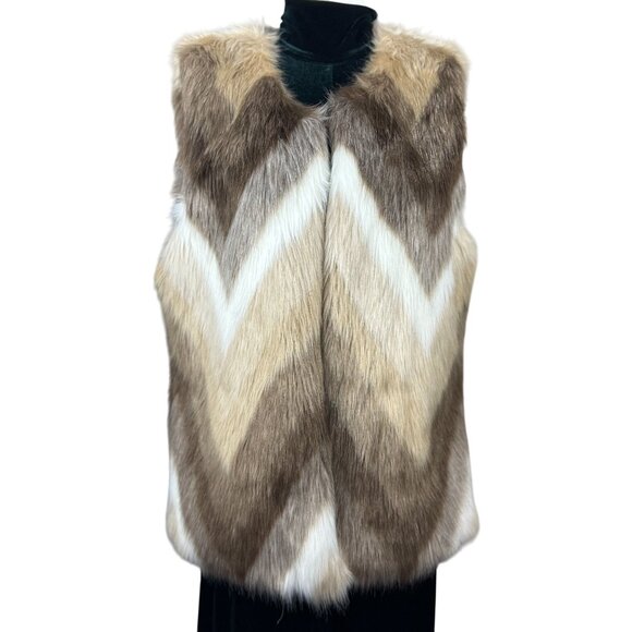 Skies Are Blue Womens M Faux Fur Chevron Vest Winter Coat Neutral Beige Brown - Picture 2 of 11